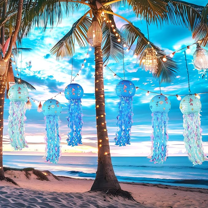 12" Blue Jellyfish Lanterns - Mermaid Birthday Decorations, Under the Sea Party Supplies, Ocean Theme Hanging Jellyfish Decor for Classroom, Nautical Events, and Underwater Adventure (Set of 6)