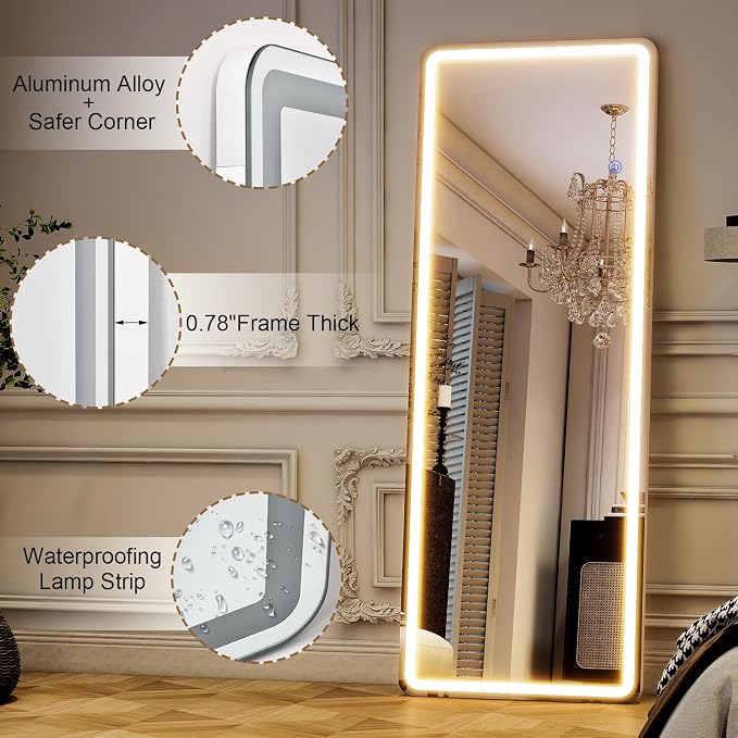 LED Full Length Mirror, 64"x21" Lighted Floor Mirror with Stand | Dimming & 3 Color Lighting, Wall Mounted Leaning Hanging Large Standing Full Body Mirror for Bedroom, Cloak Room, White