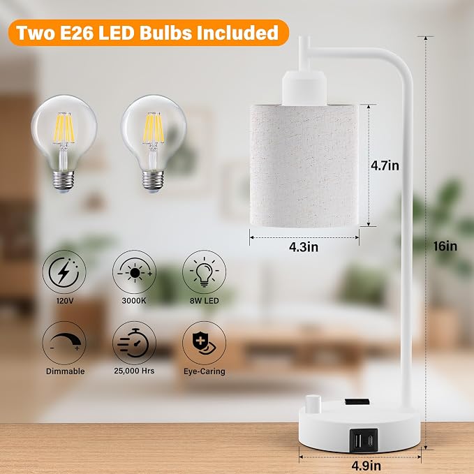 Industrial Table Lamps with Linen Shade, Set of 2 Fully Dimmable Bedside Lamps with USB A+C Ports and Outlet, White Nightstand Desk Lamps for Bedrooms Living Room Office, 2 LED Bulbs Included