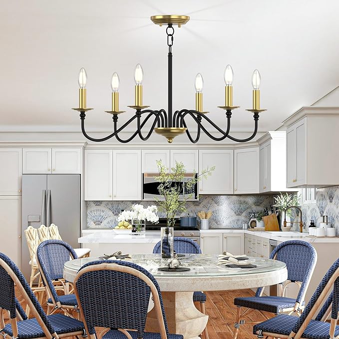 Rustic Farmhouse Candle Chandelier for Dining Room, 6-Light Rustic Black Iron Light Fixture with Classic S-Arm Design for Kitchen Island, Living Room, Foyer-Black and Gold