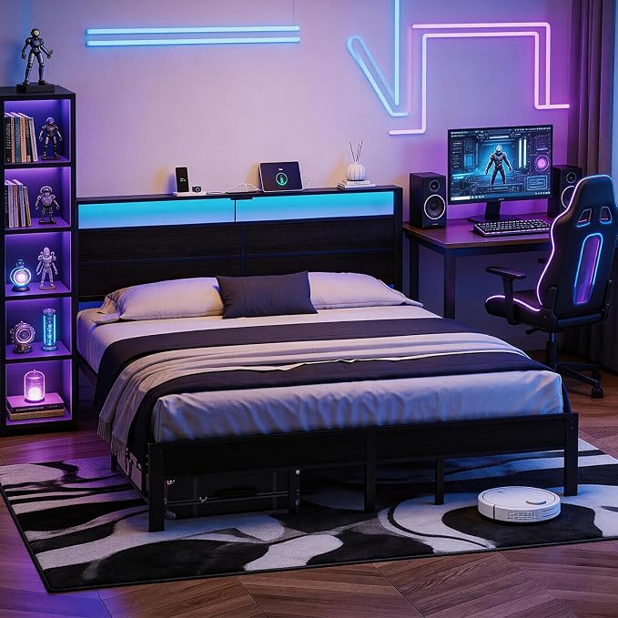King Size Bed Frame with LED Lights and Charging Station | Black Metal Platform Bed with Wood Headboard, Sturdy Slats, No Box Spring Needed, Noise Free, Easy Assembly