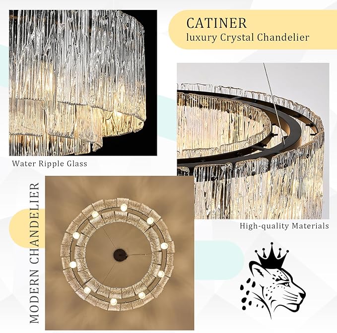 Modern Crystal Glass Round Chandelier 24”Black Chandeliers 10-Light Drum Pendant Ceiling Light Fixtures Luxury 2 Tiers Hanging Lighting for Dining Room Foyer Living Room Bedroom