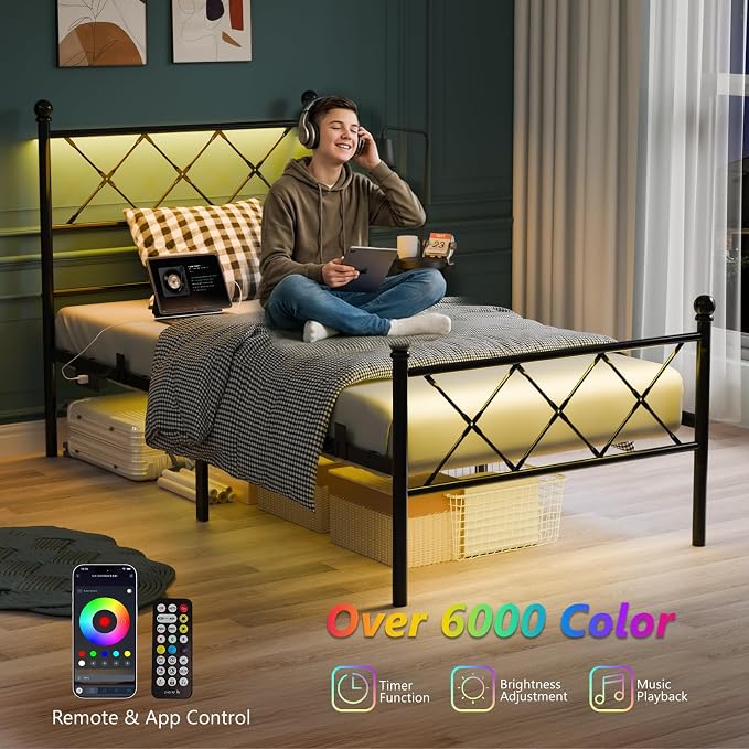 VINGLI Twin Bed Frame with LED Lights & Charging Station, Metal Platform Bed Frame with Headboard, USB Ports, Under Bed Storage, Noise Free, No Box Spring Needed, Easy Assembly, Black