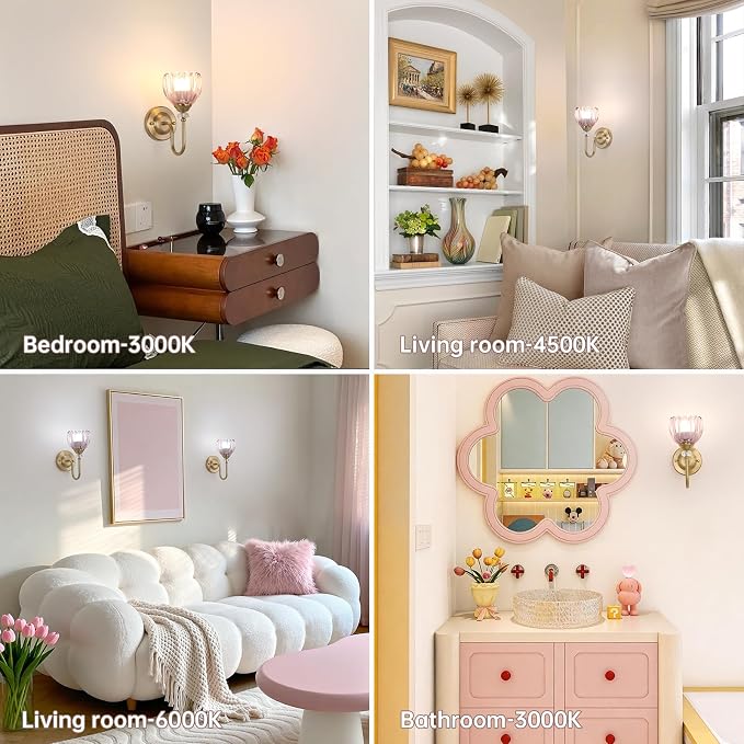 Set of 2 Vintage Battery Operated Wall Sconce, Rechargeable Wall Lamp with 5000mAh Battery & Remote Control, Dimmable Wall Lights with tulip shade for Bedroom Bathroom Living Room, (Tulip Pink Up)