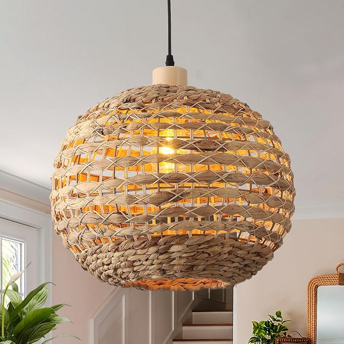Boho Pendant Lights Kitchen Island Rattan Lights Fixture for Dining Room 15.8" Hand-Woven Chandelier Weaving Hanging Ceiling Light for Restaurant Living Room Bedroom Foyer Hallway