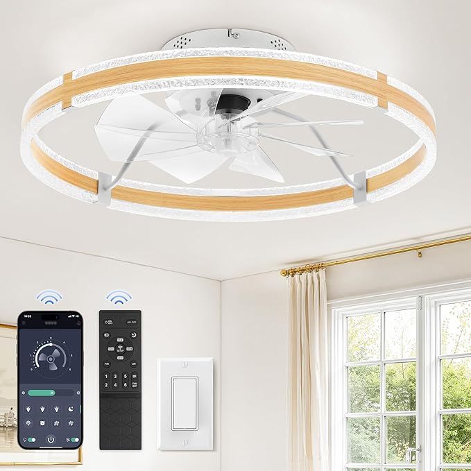 LEDIARY 24'' Low Profile Ceiling Fans with Lights and Remote, Wood Grain | 3000-6000K Dimmable LED, 6 Wind Speeds, Quiet Reversible DC Motor, Small Flush Mount Fandelier for Bedroom, Living Room