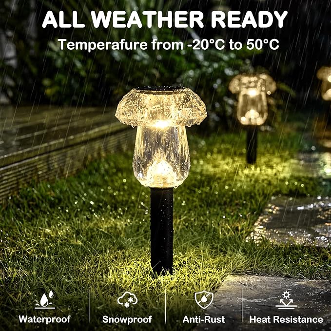 16Pack Solar Pathway Lights Outdoor 3000K Warm White Mushroom Decor | Waterproof Garden Outside Yard Walkway Landscape Path Lighting, LED Auto On/Off Decorations, Acrylic Diamond-like Lampshade