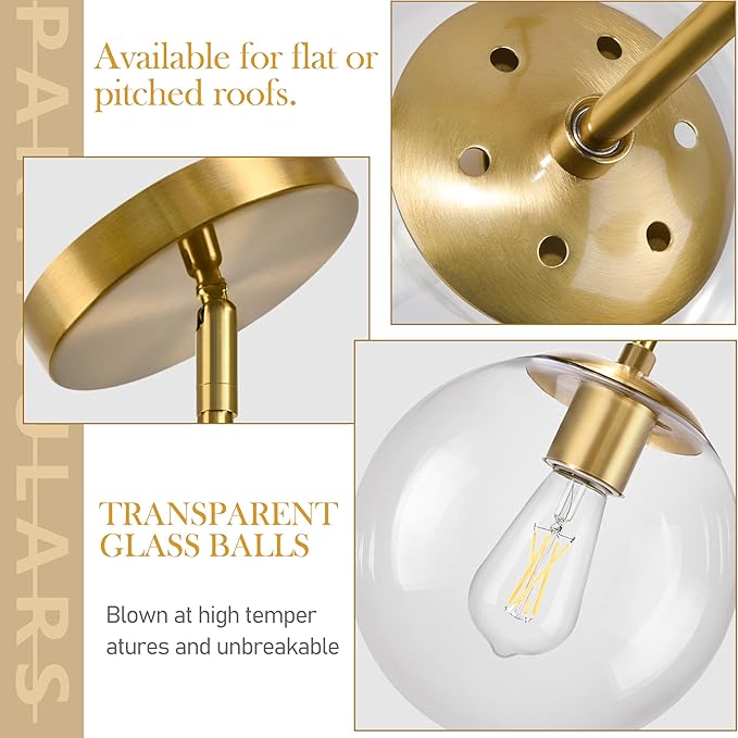 10" Globe Pendant Light Gold 2 Pack Mid Century Pendant Light Globe Pendant Lights Kitchen Island Brushed Brass Finished with Clear Glass Adjustable Ceiling Light Fixtures for Dining Room Bar