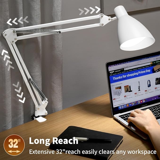 Swing Arm Desk Lamp with Clamp, Adjustable Arm LED Clamp on Desk Lamps with 5 Color Modes and 10 Brightness for Home Office Reading Drafting Study (White)