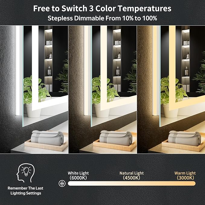 60"x40" LED Bathroom Mirror with Lights, Backlit+Frontlit, Anti-Fog | CRI 95, Stepless Dimmable, 3 Colors Lighting, Shatterproof Tempered Glass, HD Reflection, Memory, (Horizontal/Vertical)