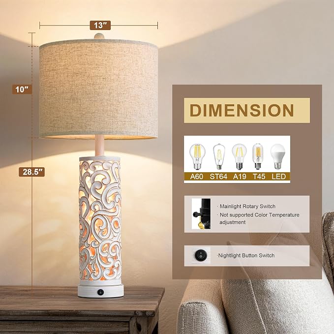 2-in-1 Light Table Lamp Set of 2 for Living Room, 28.5" Farmhouse Bedside Lamps with USB Charging Port, Main&Night Light & Dual Switches, Nightstand Lamp for Bedroom Home Office(Bulb Included)
