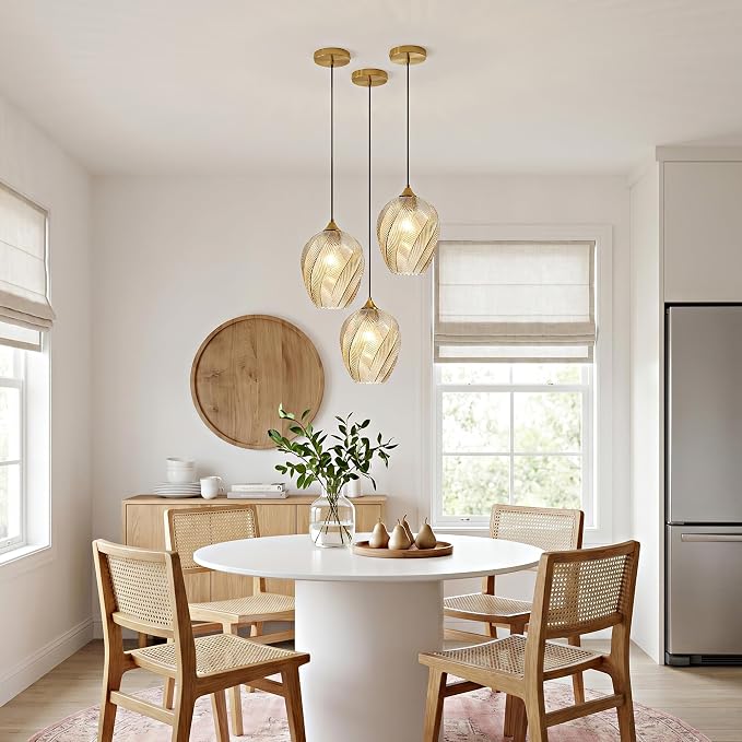 Amber Glass Pendant Lights Kitchen Island Gold Hanging Ceiling Light 8" | 1 Pack, Adjustable height, Dimmable, E26 bulbs, Rust-resistant Damp Rated For Bathrooms, 5-Year Warranty, UL Certification
