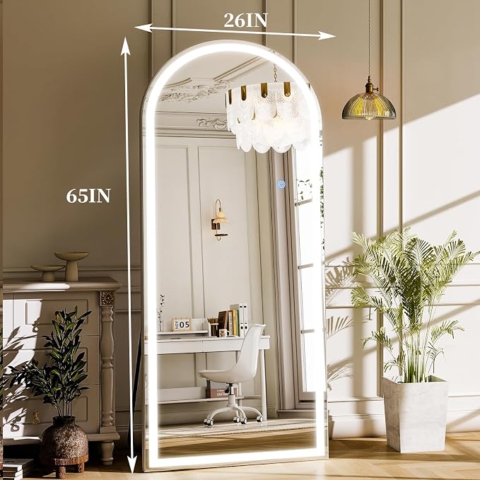 Arched LED Full Length Mirror - 65"x26" Full Body Standing Mirrors | Floor Mirror with Light, Shatterproof Tempered Glass-Dimmable & 3 Color Lighting/Wall Mounted Mirror for Bedroom/Cloakroom