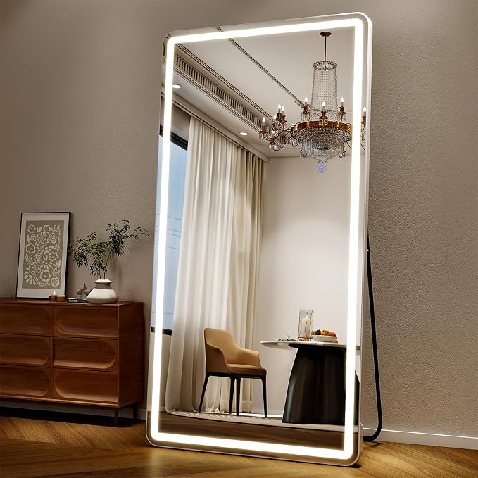 Easly 76"x 34" Full Length Mirror with Lights, LED Lighted Floor Standing, Hanging Full Length with Stand, Full Body Dressing Mirror with Dimmable 3 Color LED