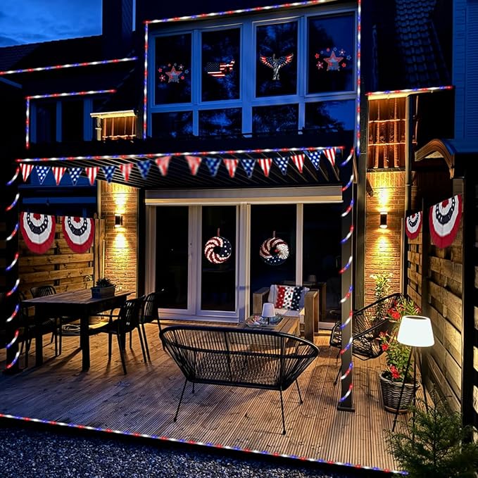 YEGUO Solar Rope Light Outdoor Waterproof, 66ft 200 LED Red White and Blue String Lights, 8 Modes Tube Christmas Lights in Clear Thin Tube