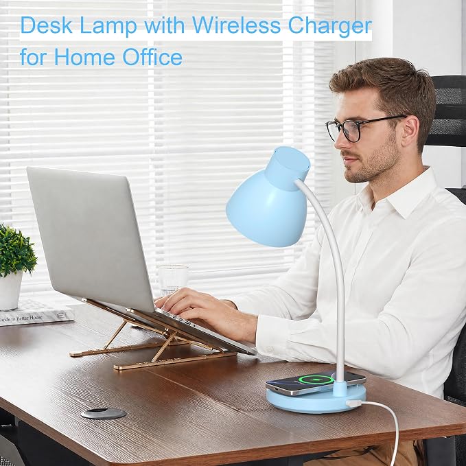 LED Desk Lamp for Home Office with Wireless Charger, Blue | 3 Color Modes Dimmable Eye-Caring Study Reading Dorm Desk Lamp, 360° Flexible Arm Table Lamp for College Dorm Room, 800 Lumen