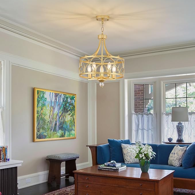 5-Light Chandelier E12 Base Round 15.2in - Gold Metal Farmhouse Lantern Pendant Light Fixture,Adjustable Hanging Ceiling Lighting,for Kitchen Island,Entryway,Dining Room,Living Room