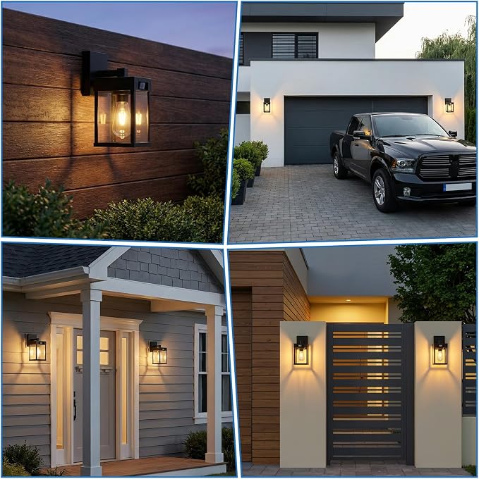 Solar Wall Lanterns Outdoor with 3 Lighting Modes & Motion Sensor, 2 Pack | Dusk to Dawn Solar Wall Lantern Fixture, Waterproof, 4 Bulbs Included, Exterior Front Porch for Garage Patio Yard Garden