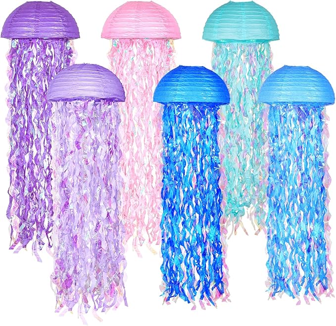 10" Mermaid Jellyfish Lanterns – Pink Purple Blue Decorations for Mermaid Birthday Party, Under the Sea Theme, Baby Shower, Ocean & Beach Room Hanging Decor (Set of 6)