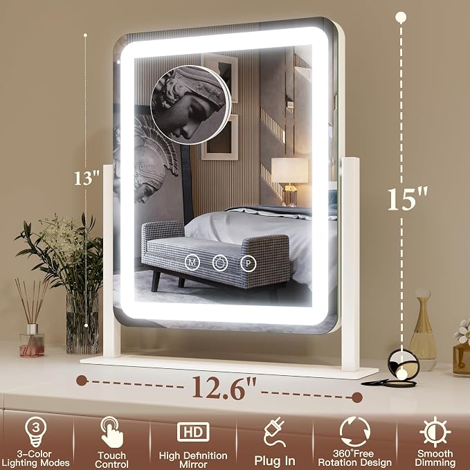 FENNIO Vanity Mirror with Lights - 15"x12.6" LED Lighted Makeup Mirror, Large Makeup Mirror with Lights, Touch Screen with 3-Color Lighting, Dimmable, for Vanity Desk Tabletop, Bedroom