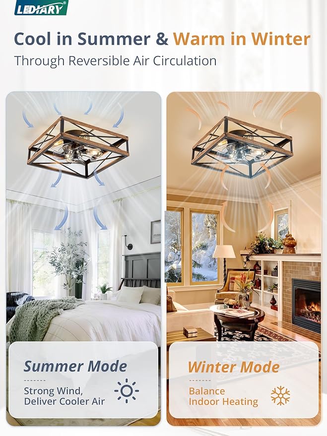 LEDIARY 20” Caged Low Profile Ceiling Fans with Lights and Remote, Rustic Square Flush Mount Ceiling Fan, 6 Speed and Reversible, Small Farmhouse Bladeless Ceiling Fan for Bedroom, Kitchen,Dining Room