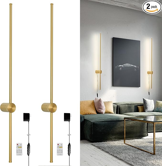 Modern Plug in Wall Sconces Set of Two,Gold Plug in Wall Light with Remote,Wall Lamp with Plug in Cord, LED Wall Light with Memory Function, Original Brand Lighting