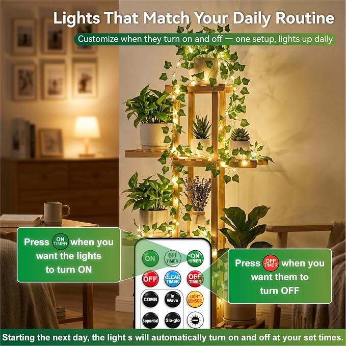 Ivy Vine Fairy Lights 2500mAh Rechargeable Battery, Warm White | 33FT 100LED with Remote Control, Timer & 8 Modes, Waterproof for Bedroom Dorm Wedding Party Christmas Indoor Outdoor Decor