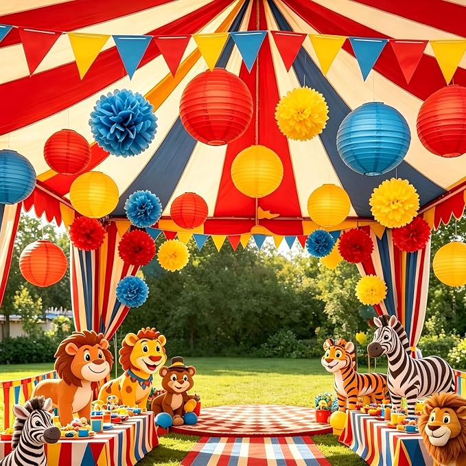 Blue, Red,Yellow,white Paper Lanterns Set (10 Pcs)- 8/10 Inch Round Hanging Paper Lanterns for Cartoon Birthday, Circus Party, Wedding, Classroom Decor, Baby Shower & Kids’ Room Accents