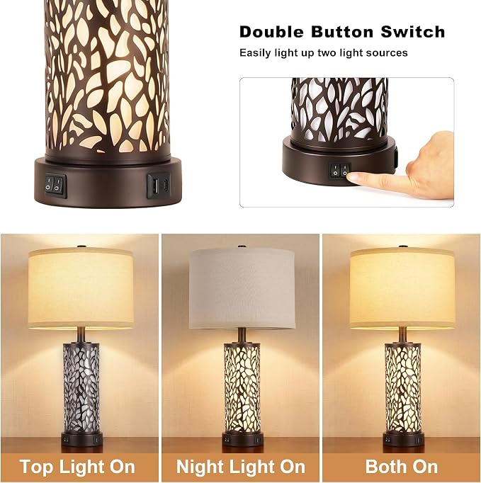 ROTTOGOON 25" Farmhouse Table Lamps for Living Room Set of 2, Rustic Metal Bedroom Lamps with USB A+C Ports Vintage Nightstand Lamp with Night Light, Bulbs Included