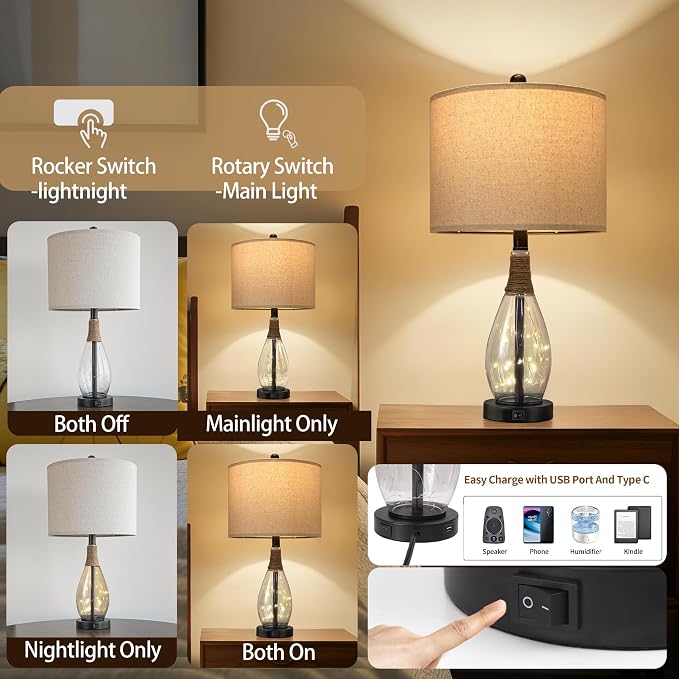 Bedside Table Lamp with USB, 23‘’ Black Modern Nightstand Lamps for Bedroom, Retro Rattan Table Lamps for Night Stands, Living Room, Farmhouse Table Lamp with Glass Nightlight Lamps