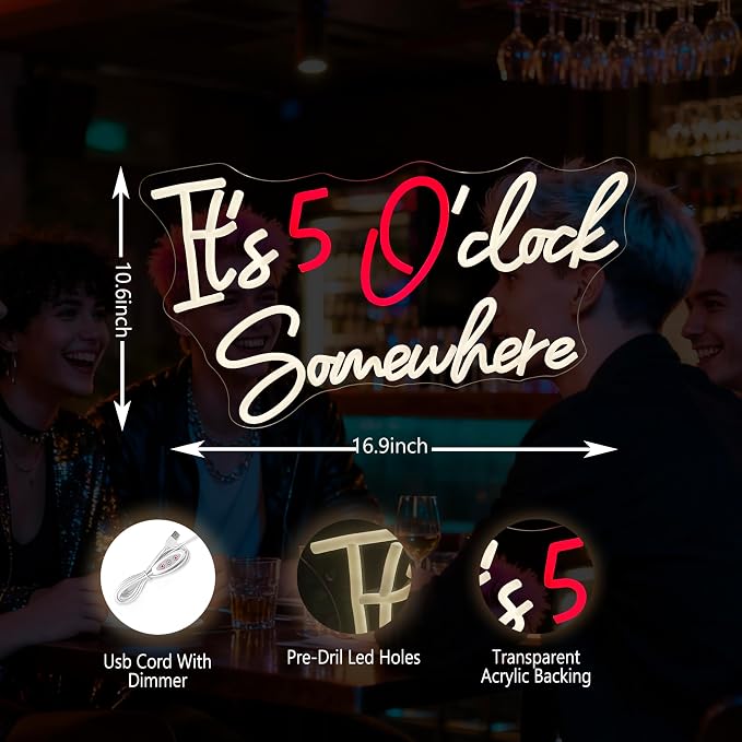It's 5 O'Clock Somewhere Neon Bar Sign for Wall Decor (16.9x10.6in) | Dimmable USB LED Neon Light for Home Bar Decor, Man Cave, Pub Party -Gift for Husband, Father, Birthday & Christmas