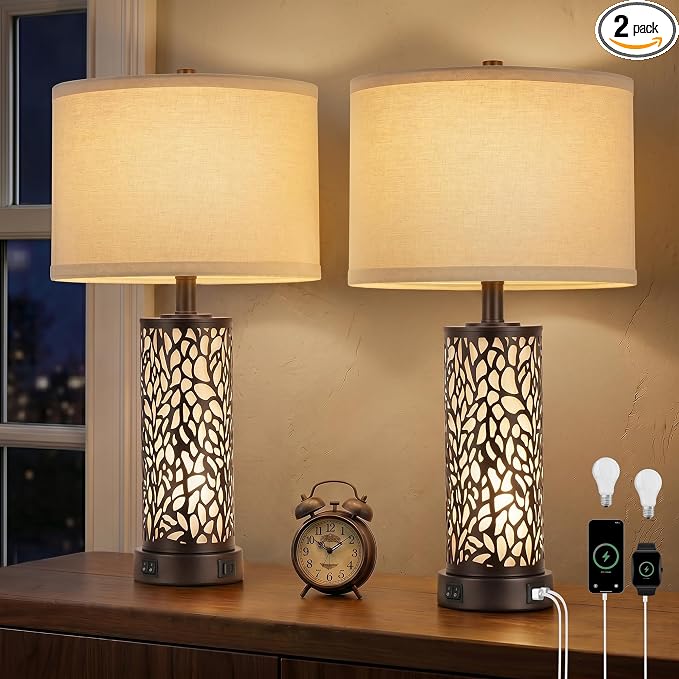 ROTTOGOON 25" Farmhouse Table Lamps for Living Room Set of 2, Rustic Metal Bedroom Lamps with USB A+C Ports Vintage Nightstand Lamp with Night Light, Bulbs Included