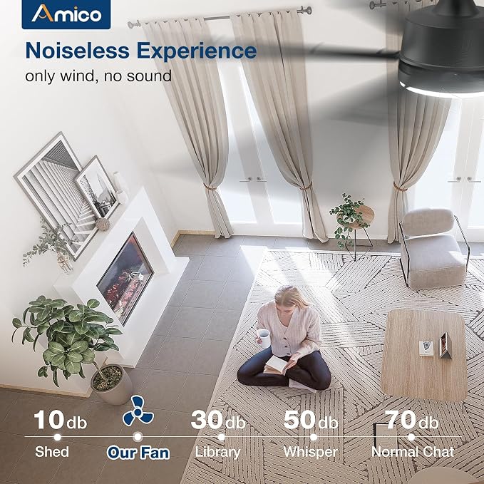 Amico 62 Inch Ceiling Fans with Lights and Remote, Black | 6 Speed Reversible DC Motor, 3CCT, Dimmable, Quiet, Timer, Large Modern Ceiling Fan for Living room, Indoor/Outdoor