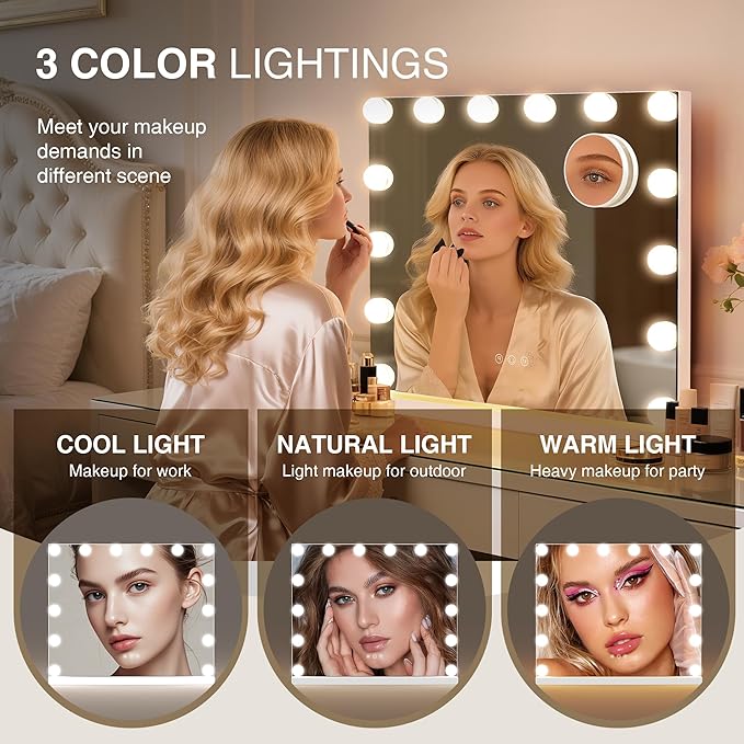 Vanity Makeup Mirror with Lights,Hollywood Vanity Mirror with 3 Color Modes,Lighted Vanity Mirror with Dimmable LED Bulbs &10X Magnification for Desk,Bedroom,Tabletop (White, 20.5" x 15.7")