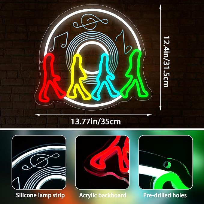 Rock Band Neon Sign for Wall Decor Four People Walking Neon Light Man Cave | Dimmable Neon,Fans Birthday Gifts,Led 5V USB Powered,Record Studio,Music Room Decor,Business Music Bar Pub Art,13.7*12.4in