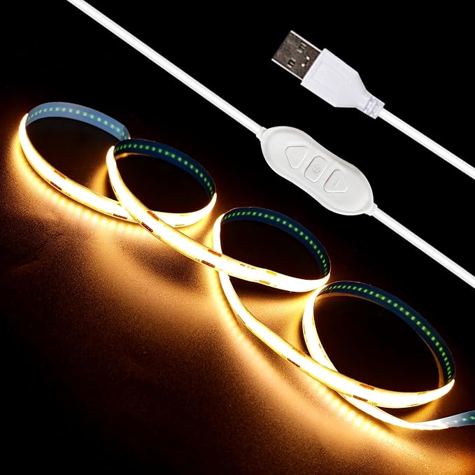 5V USB LED Strip Lights 6.56FT, 3Key COB Light Strip Warm White, Short LED Strip Light, Flexible Bright for Under Cabinet, Kitchen, TV Backlight, Shelves, Displays and TV Lights
