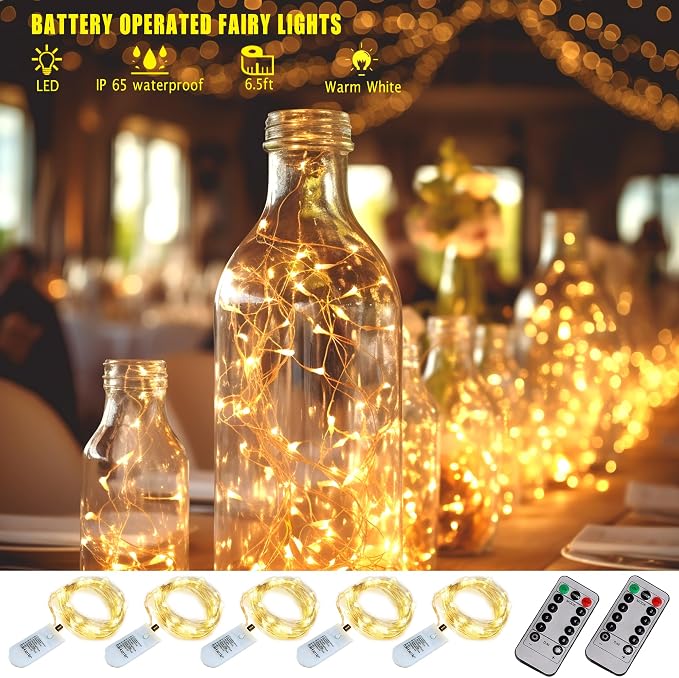 6 Pack Fairy Lights Battery Operated With Timer,2 Remotes,20 LED Warm White | 6.5ft Twinkle Lights,Waterproof Silver Wire Firefly Lights DIY Mason Jar Wedding Party Christmas Centerpiece Table Deco