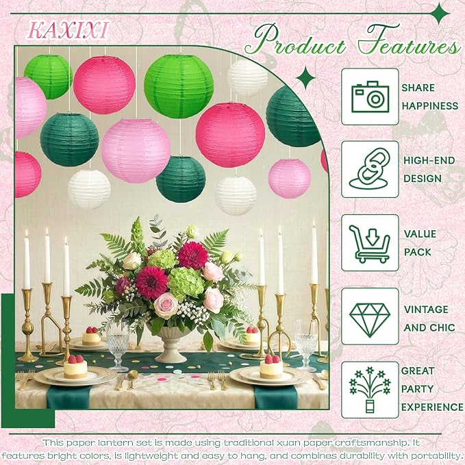 15-Piece Pink Green White Paper Lanterns Party Decorations | 6/8/10-Inch Hanging Decor for Princess Birthdays, Baby Showers, Witch Themes, Bachelorette and Summer Parties