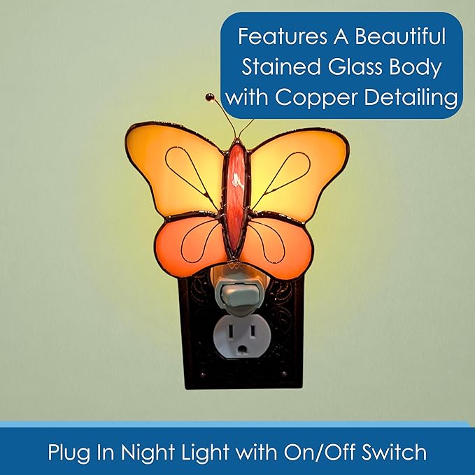 Gift Essentials Yellow and Orange Butterfly Plug in Night Light - Stained Glass Nightlight with On/Off Rocker Switch - Includes One 4 Watt Replaceable Incandescent Warm Glow Bulb