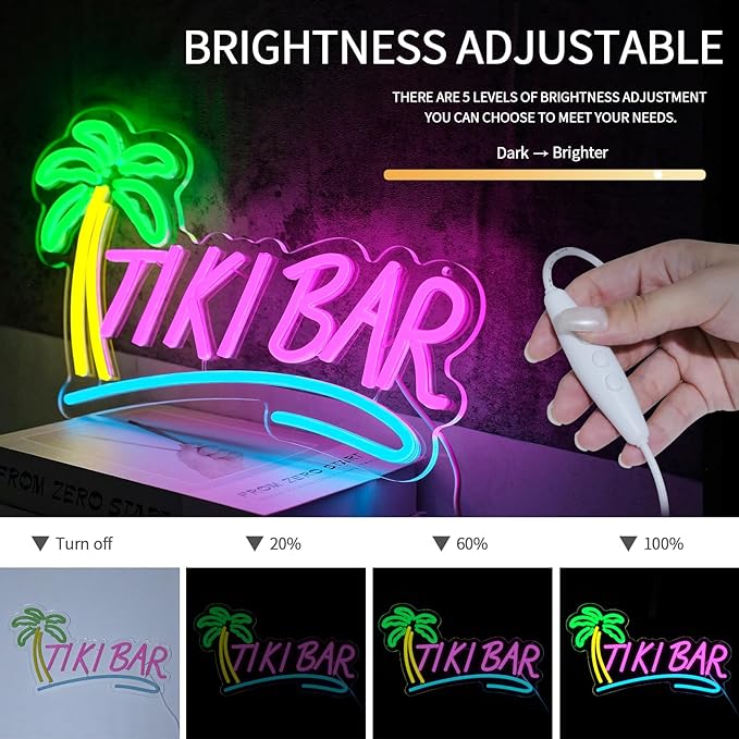 Tiki Bar Neon Sign for Wall Decor Dimmable Hawaiian Tiki Led Lights Signs Open Signs for Business Neon Light for Man Cave Club Pub Bistro Summer Party Restaurant Home Bar Gift