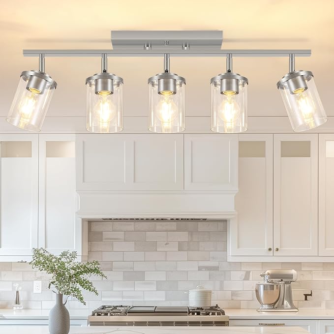 FadimiKoo 5-Lights Brushed Nickel Track Ceiling Light Fixtures, Modern Close to Ceiling Light with Clear Glass Shade, Large Hallway Lighting Fixtures for Dining Room Kitchen Living Room