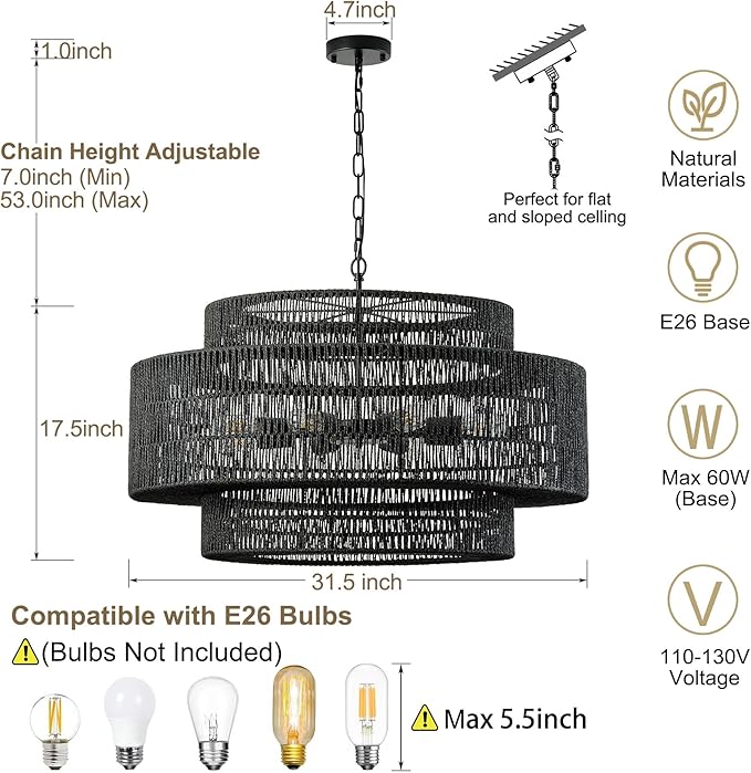 31.5"Large Boho Rattan Farmhouse Chandeliers for Dining Room,8-Light Rattan Hand-Woven Rustic Drum Chandelier Pendant Light Fixture for Kitchen Island Bedroom Living Room Entryway Foyer(Black)