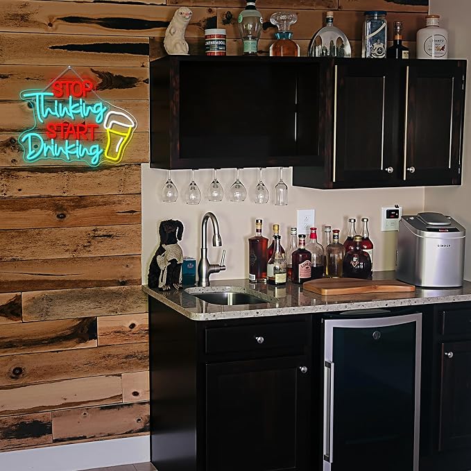 Stop Thinking Start Drink Beer Neon Sign Fun LED Bar Wall Decor Neon Lights for Pubs, Light Up Sign for Home Bar Man Caves Party Club Restaurant & Basements