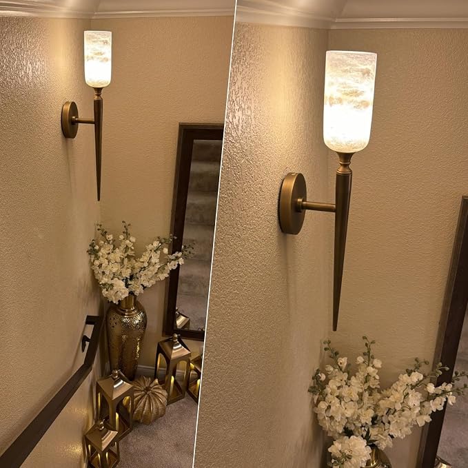 Alabaster Wall Sconces Set of Two, 22in Modern Spanish Natural Marble Bathroom Vanity Sconces, Brass Alabaster Sconce Wall Lighting, Gold Wall Light Fixtures Decor for Bedroom Living Room Staircases