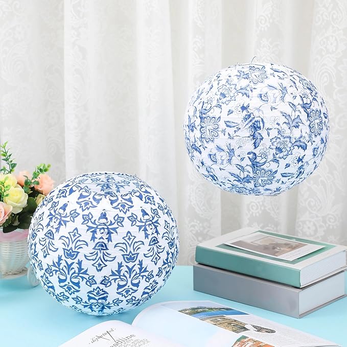 12 Pcs Chinoiserie Party Decor Blue White Porcelain Paper Lantern | 10", Blue and White Porcelain Paper Lantern, Chinese Hanging Decor for Classroom Wedding Birthday Party Baby Shower Home