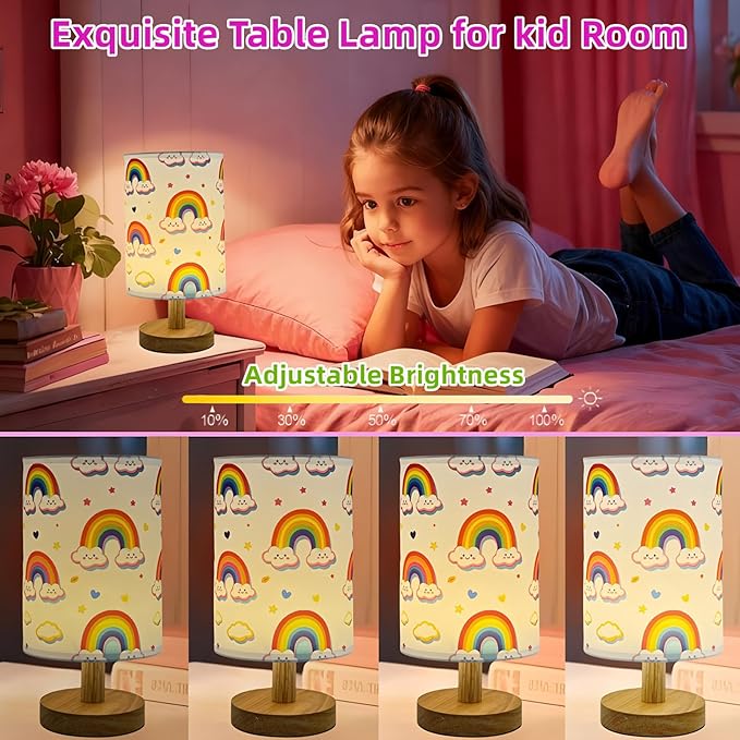 Rainbow Table Lamp,Kids Bedside Lamp for Bedroom Rainbow Decorative Lights 3 Colors Dimmable LED Nightstand Night Light with Cartoon Flaxen Fabric Shade Desk Lamp for Girls Boys Room Nursery Decor