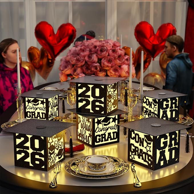 12 Pcs Graduation Table Centerpieces Boxes Class of 2026 Black Square Graduation Paper Lanterns with String Lights Hollow Out for Congrats Grad School College Table Decorations Grad Party Photo Props