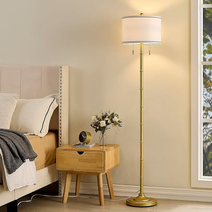 Upgraded 2-Light Mid Century Modern Glod Floor Lamp for Living Room | 63.5'' Tall Floor Lamp with 3 Color Temp Bulbs, Living Room Lamp with Chain Switch, Standing Lamp for Bedroom, Office, Corner