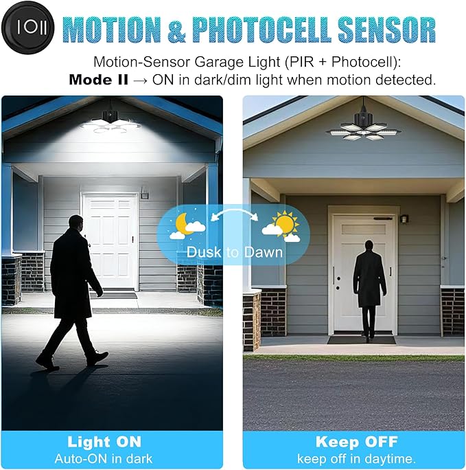 BRAINIAC Motion Sensor Garage Light with 3 Switch Modes, E26/E27 Screw in Garage Lights Ceiling LED Motion Activated for Garage/Shop/Porch-150W 15000LM 6000K