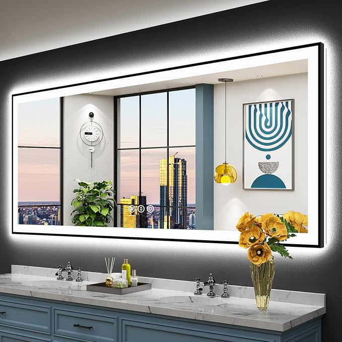 84x32 Black LED Bathroom Mirror, Backlit & Front Lit Lighted Mirror | Metal Framed Anti-Fog Vanity Mirror with Lights, 3 Color Dimmable, Memory, HD Tempered Glass, CRI95, UL Listed, Wall Mounted